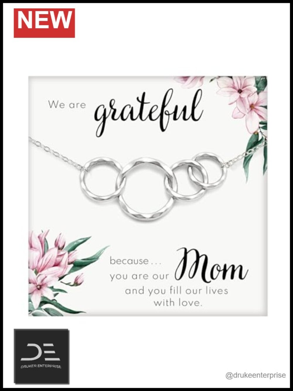 Sterling Silver Interlocking Circles Hammered Pendant Necklace Mom Gift Card Box